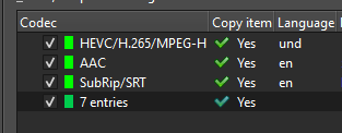 Фрагмент списка MKVToolNix GUI с дорожками и строкой entries внизу