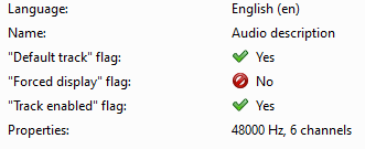 MKVToolNix Header editor со свойствами аудиодорожки: язык, имя и флаги default, forced и enabled