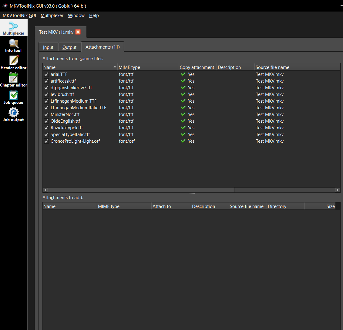 Вкладка Attachments в MKVToolNix GUI со списком вложенных TTF-шрифтов