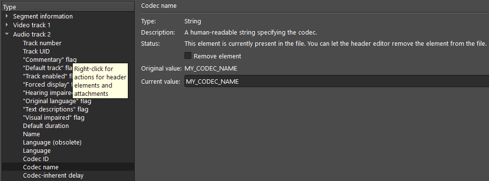Поле Codec name в структуре MKVToolNix Header editor