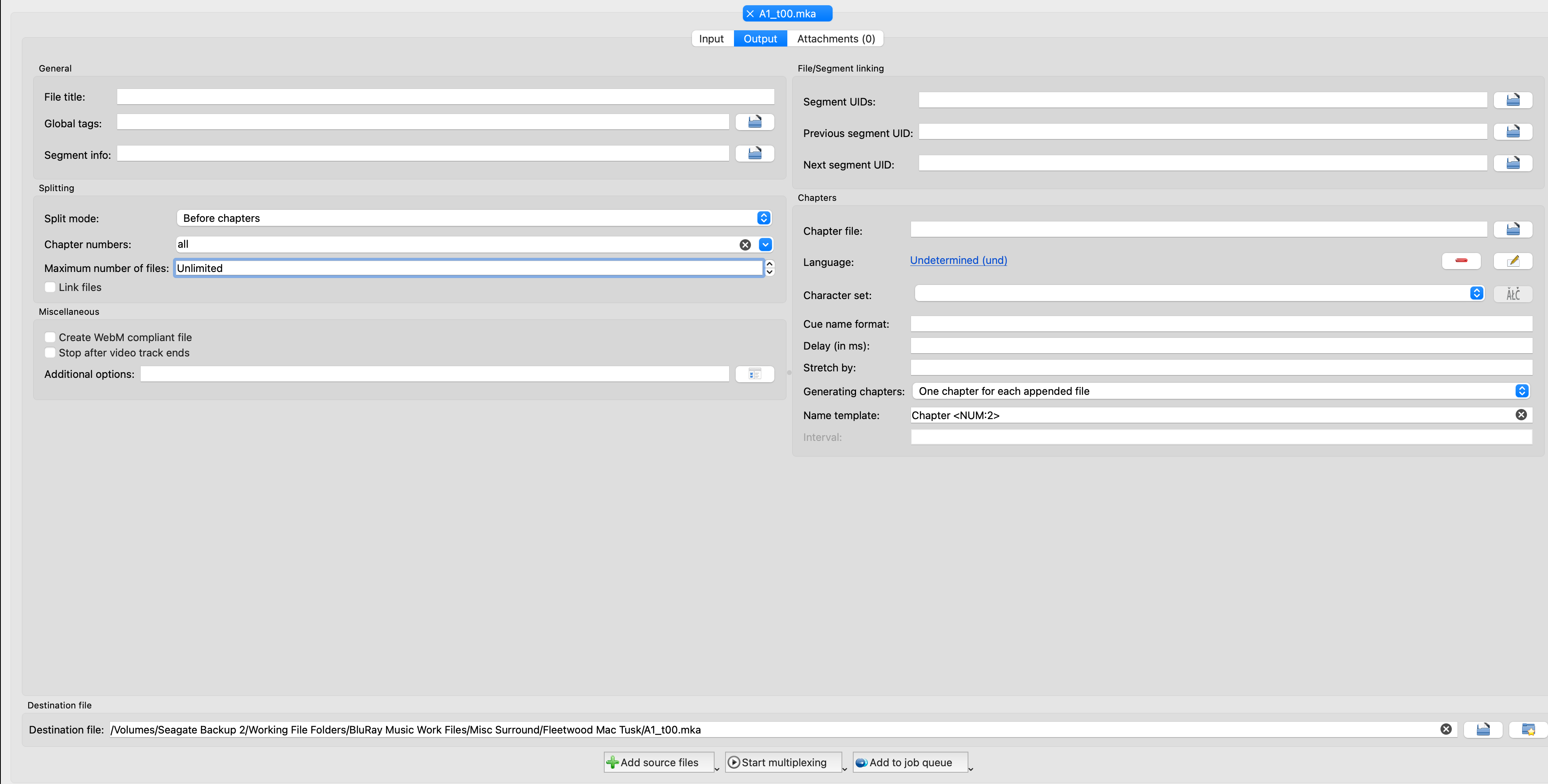 Вкладка Output MKVToolNix GUI с настройками Splitting, Chapters и Destination file
