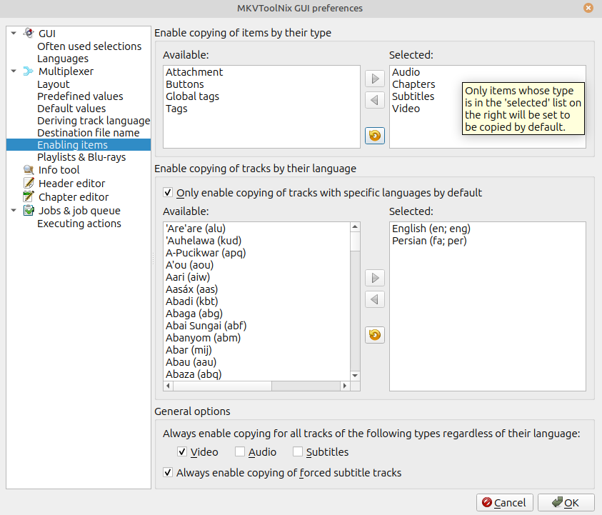 Окно Preferences MKVToolNix GUI с правилами Enabling items для типов дорожек и языков