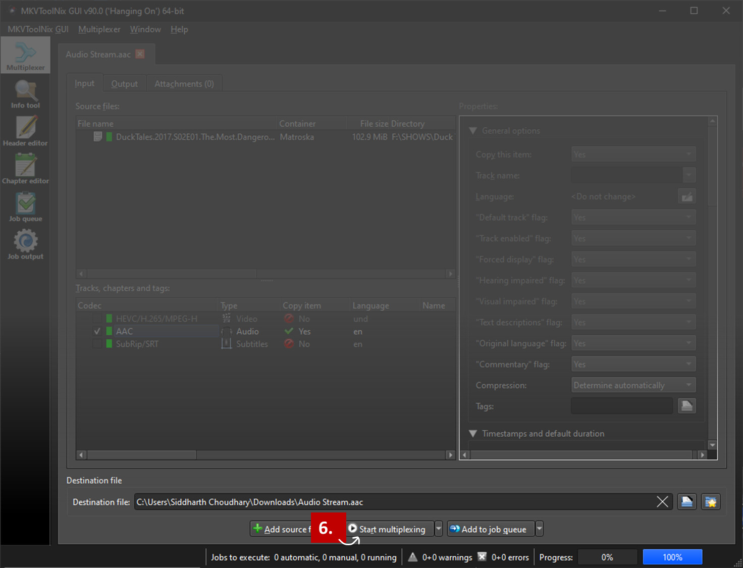 MKVToolNix GUI после завершения multiplexing со статусом 100 процентов