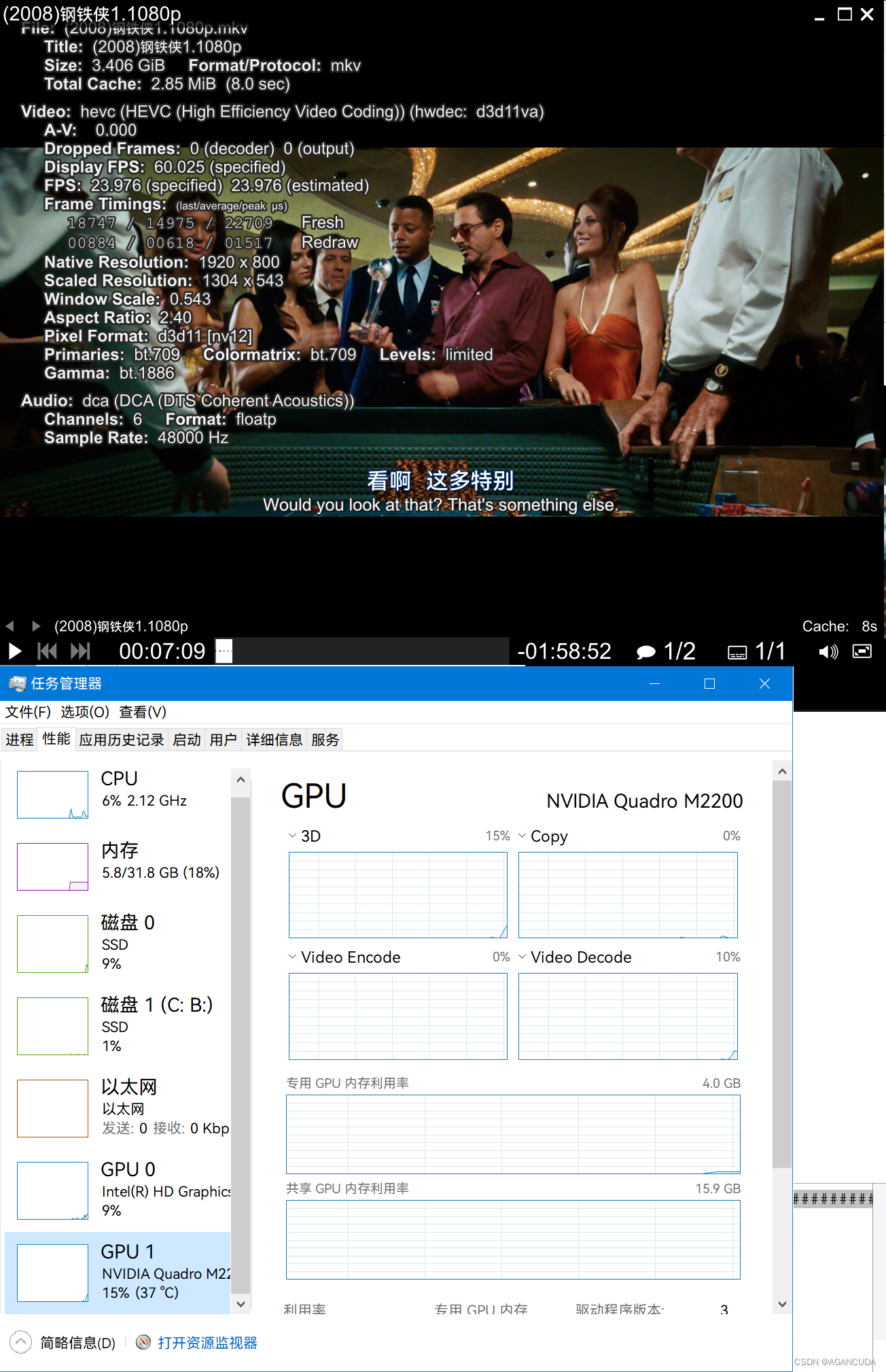 mpv со статистикой рядом с диспетчером задач Windows и Video Decode GPU