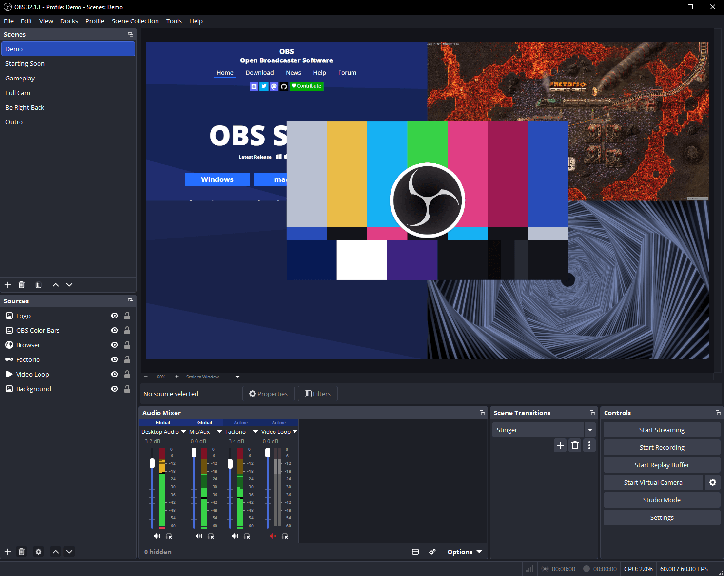 Основное окно OBS Studio с панелями Scenes, Sources, Audio Mixer, Scene Transitions и Controls