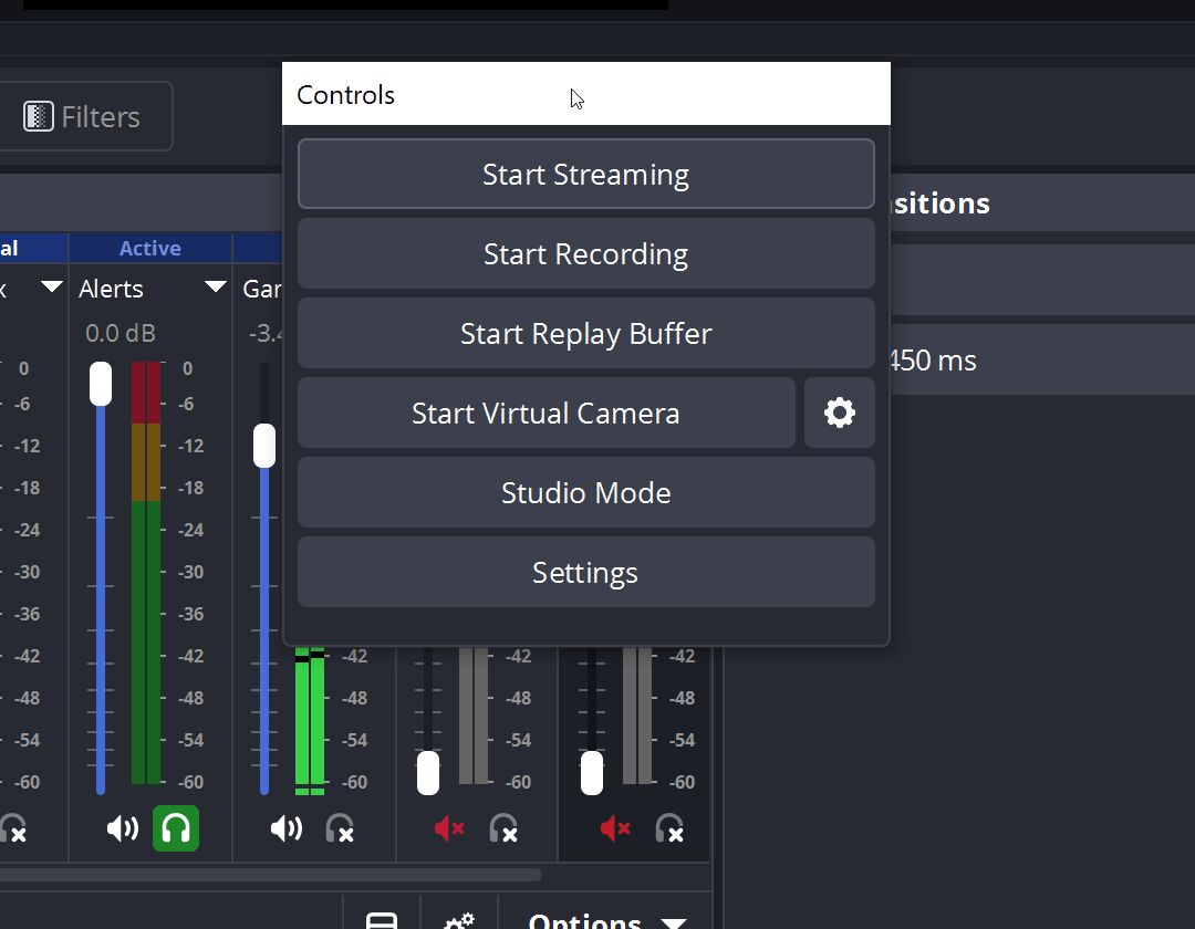 Вынесенная панель Controls в OBS Studio с командами Start Streaming, Start Recording и другими кнопками