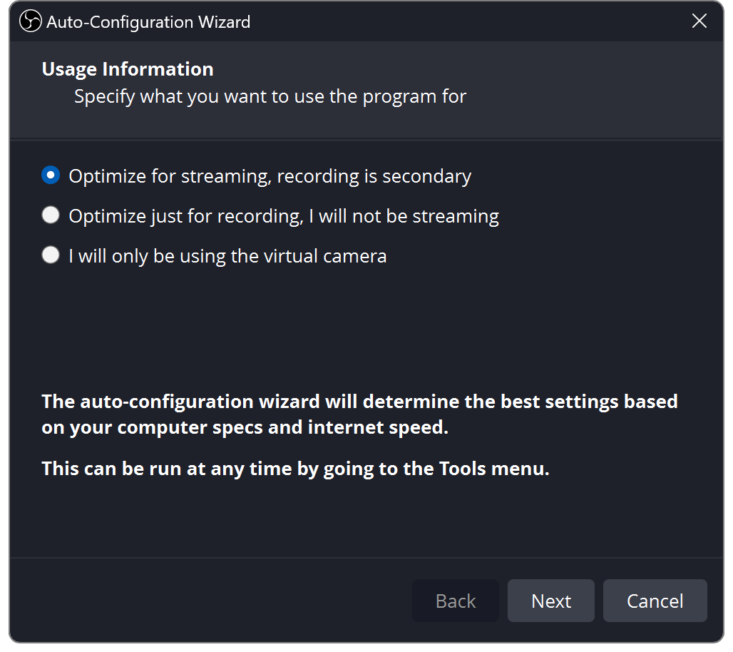 Окно Auto-Configuration Wizard в OBS Studio с выбором стриминга, записи или Virtual Camera
