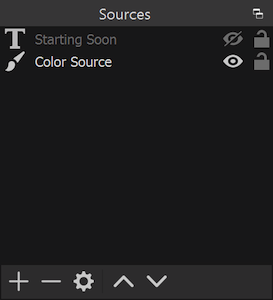 Панель Sources OBS Studio с источниками Starting Soon и Color Source, кнопками добавления и изменения порядка