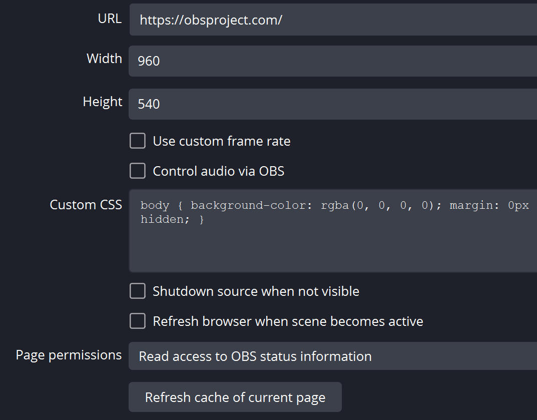 Свойства Browser Source в OBS Studio с полями URL, Width, Height и параметрами обновления