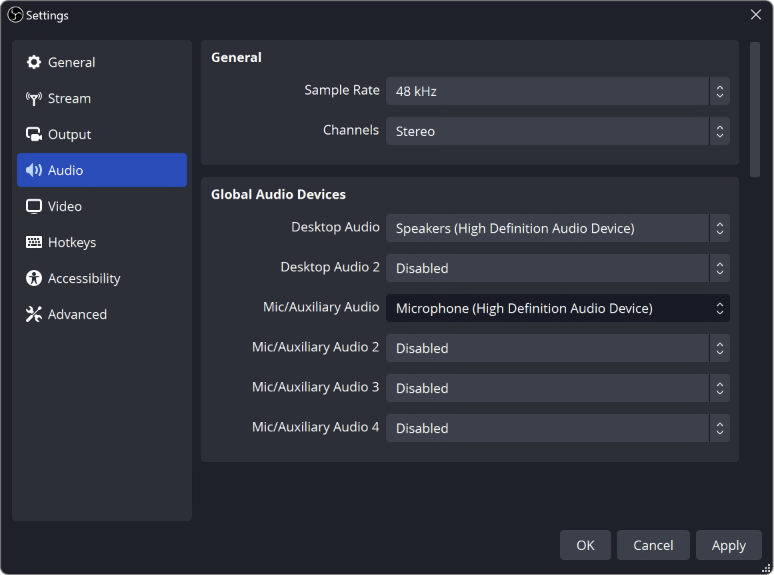 Раздел Settings Audio в OBS Studio с глобальными Desktop Audio и Mic/Auxiliary Audio устройствами