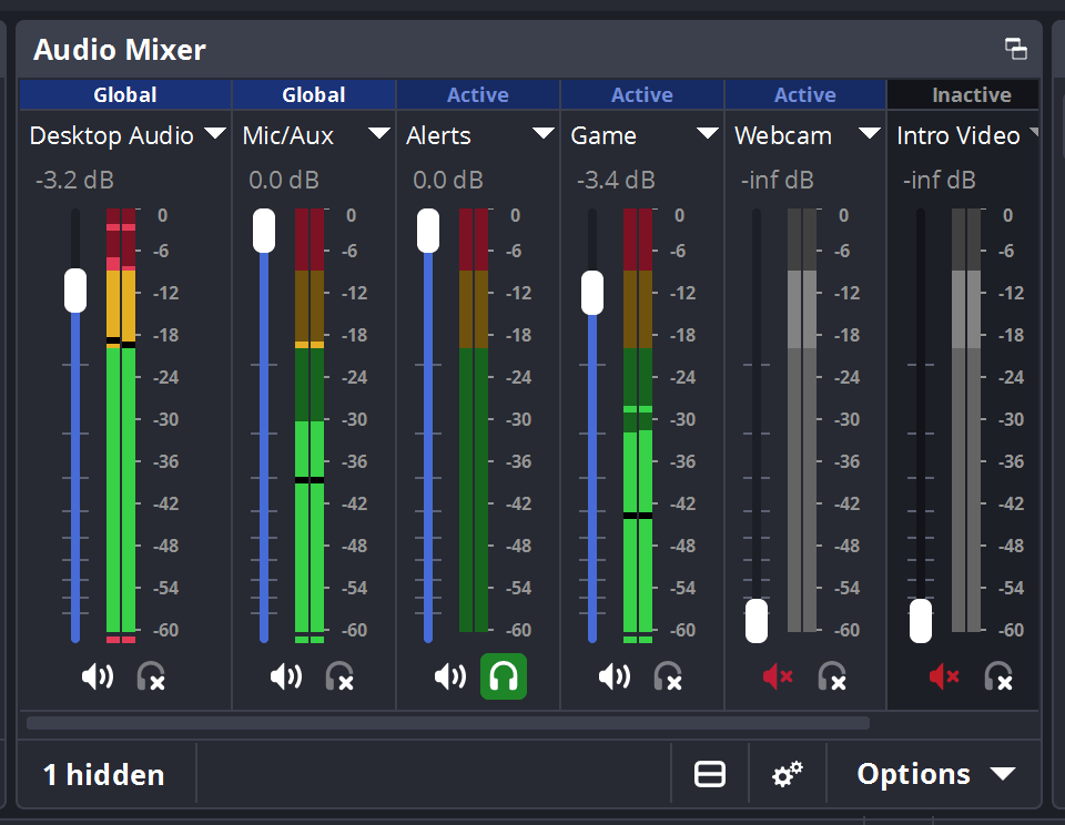 Современный Audio Mixer OBS Studio с каналами Desktop Audio, Mic/Aux, Alerts, Game, Webcam и Intro Video