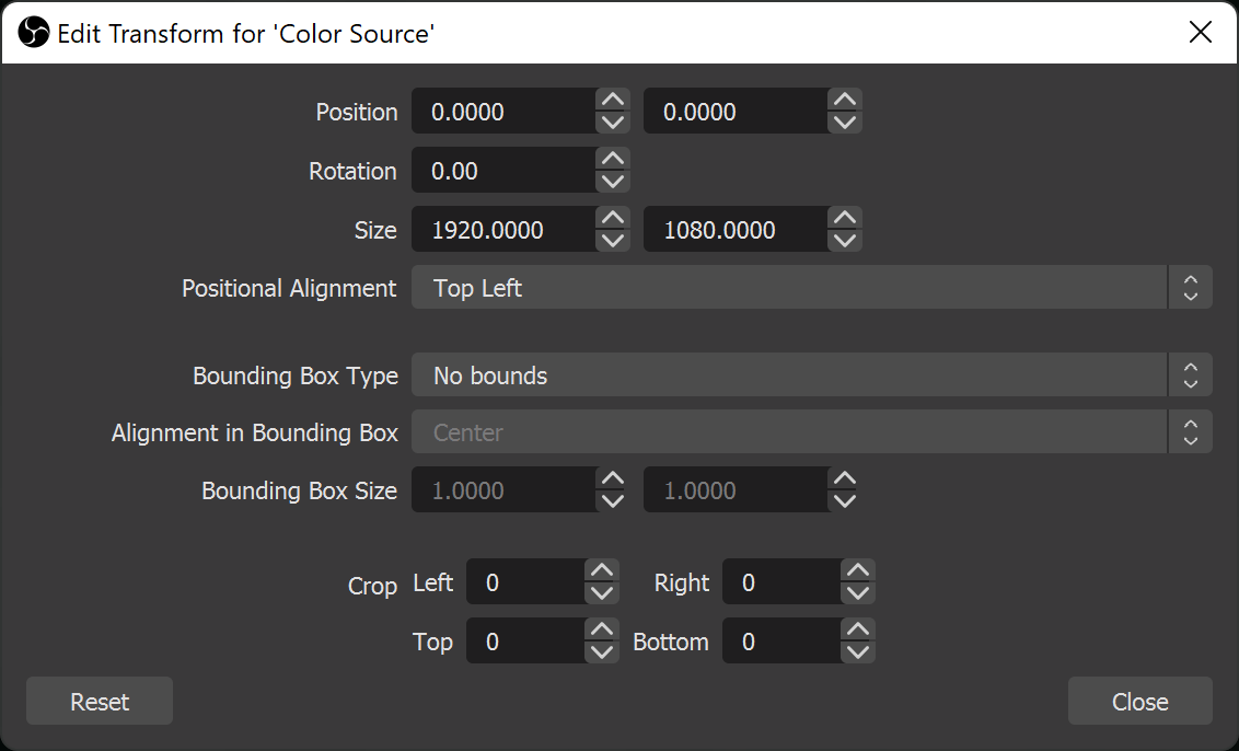 Окно Edit Transform в OBS Studio с Position, Rotation, Size, Bounding Box и Crop