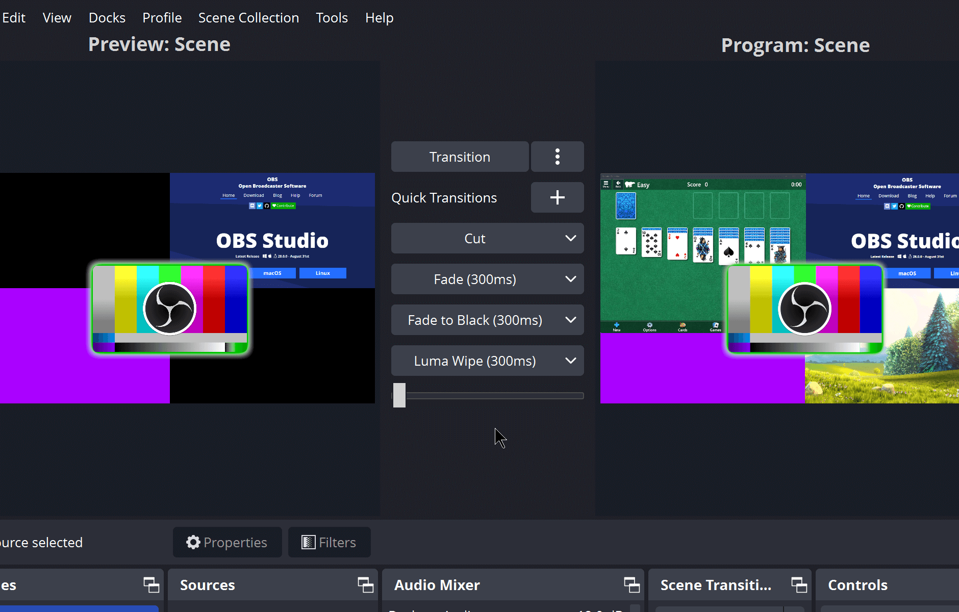 Studio Mode в OBS Studio с отдельными областями Preview и Program