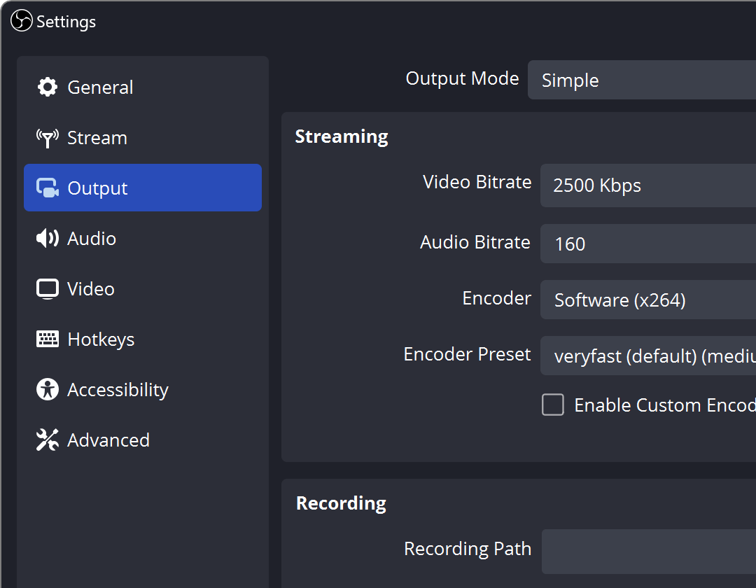 Окно Settings OBS Studio с разделами Stream, Output, Audio, Video и Hotkeys
