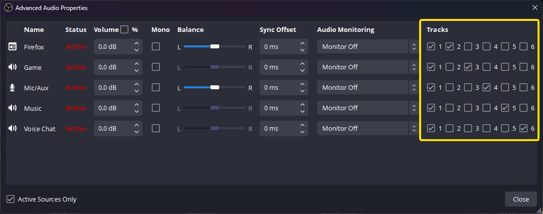 Advanced Audio Properties OBS Studio с назначением источников на Tracks 1–6