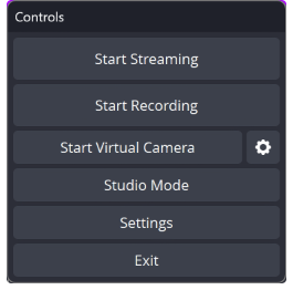 Панель Controls OBS Studio с командами запуска записи, трансляции, Studio Mode и Settings
