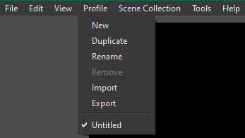 Меню Profile OBS Studio с командами New, Duplicate, Rename, Remove, Import и Export