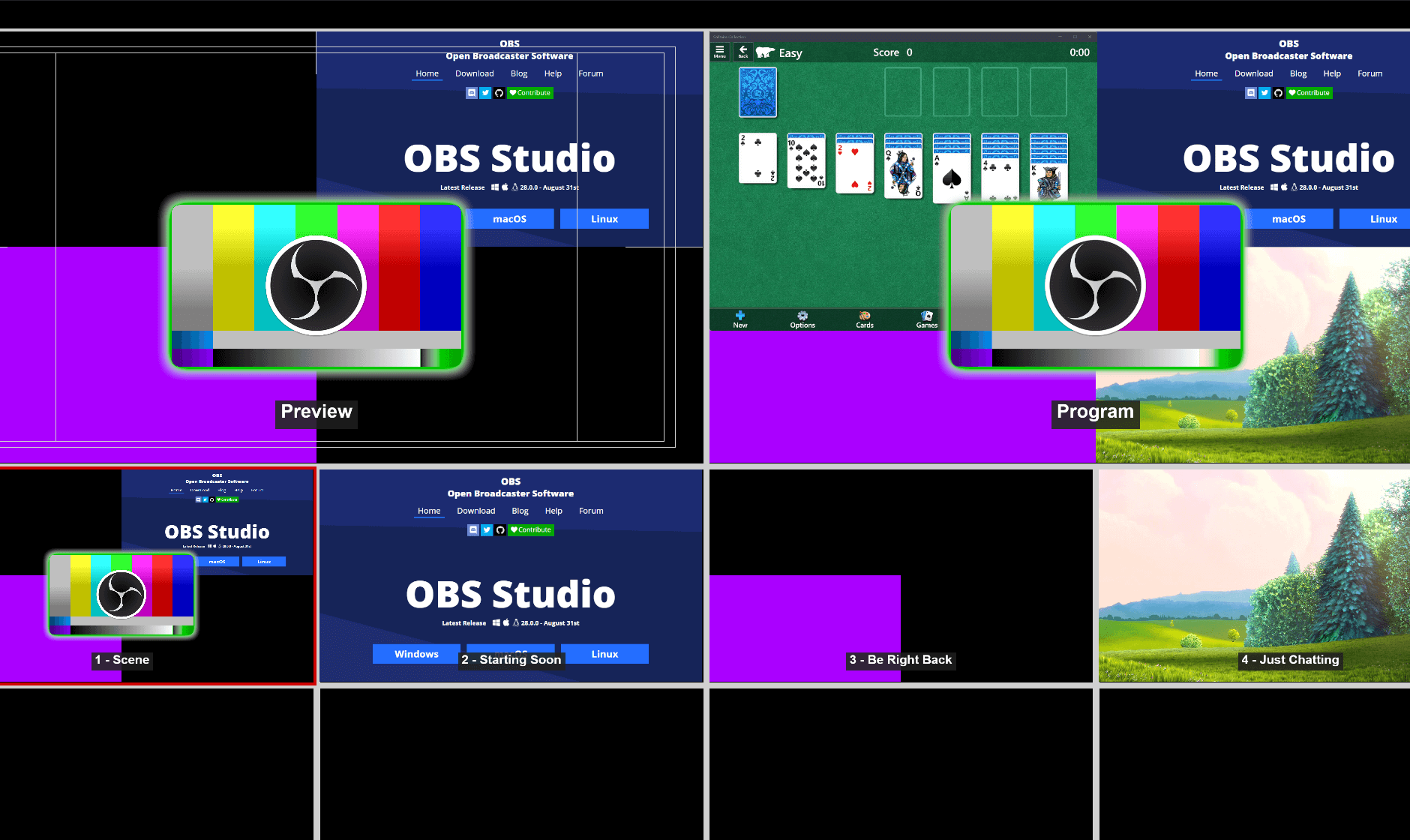 Multiview OBS Studio с сеткой нескольких сцен для одновременного контроля