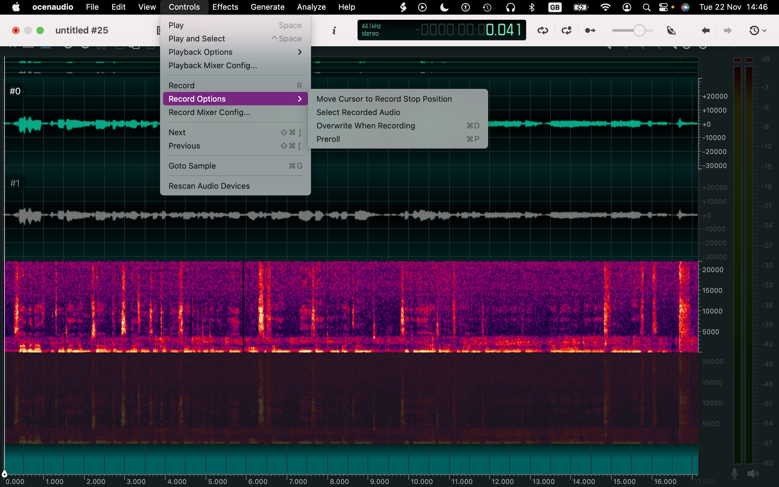 Меню Controls и подменю Record Options в Ocenaudio на macOS
