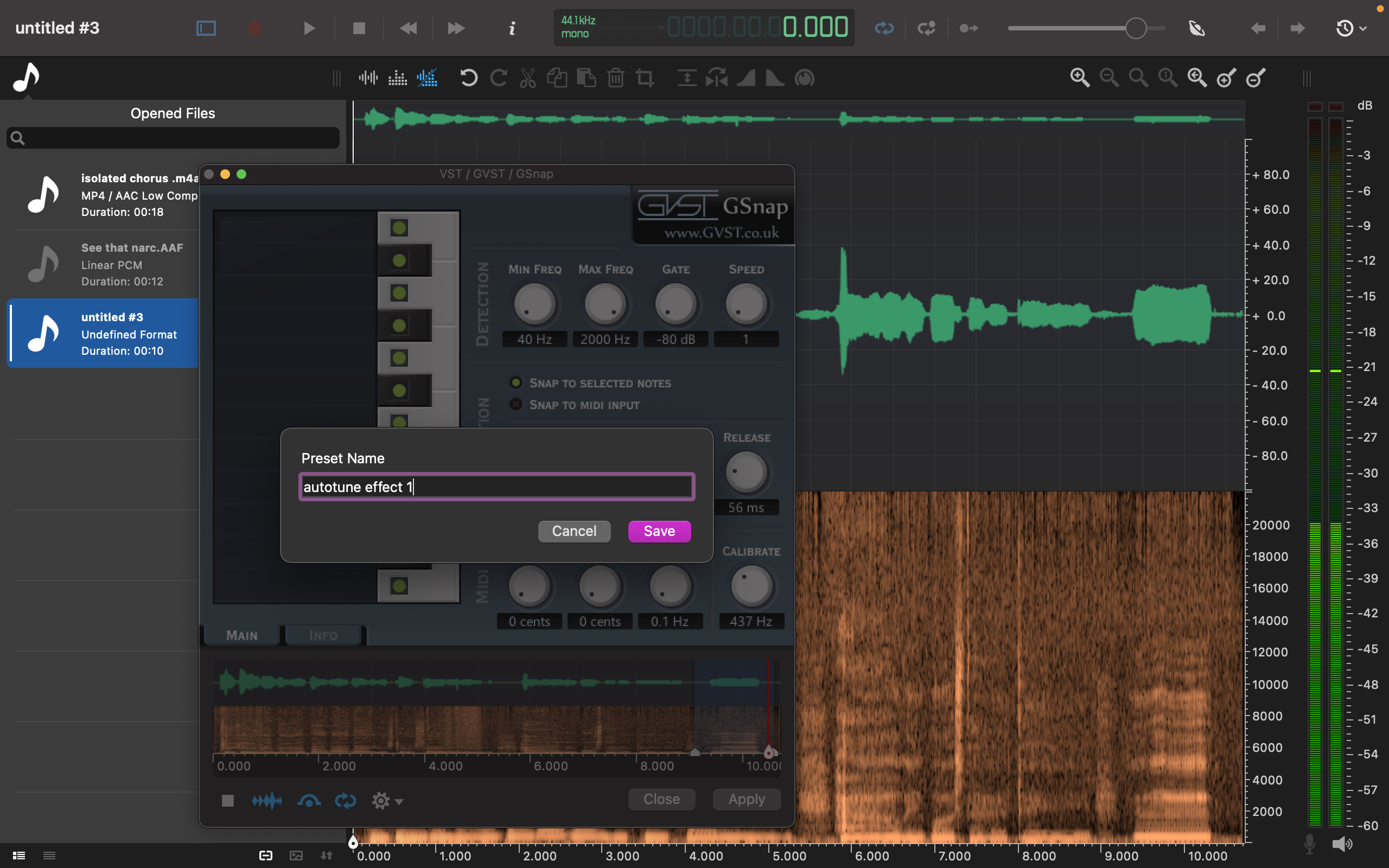 Окно VST-плагина в Ocenaudio и диалог Preset Name