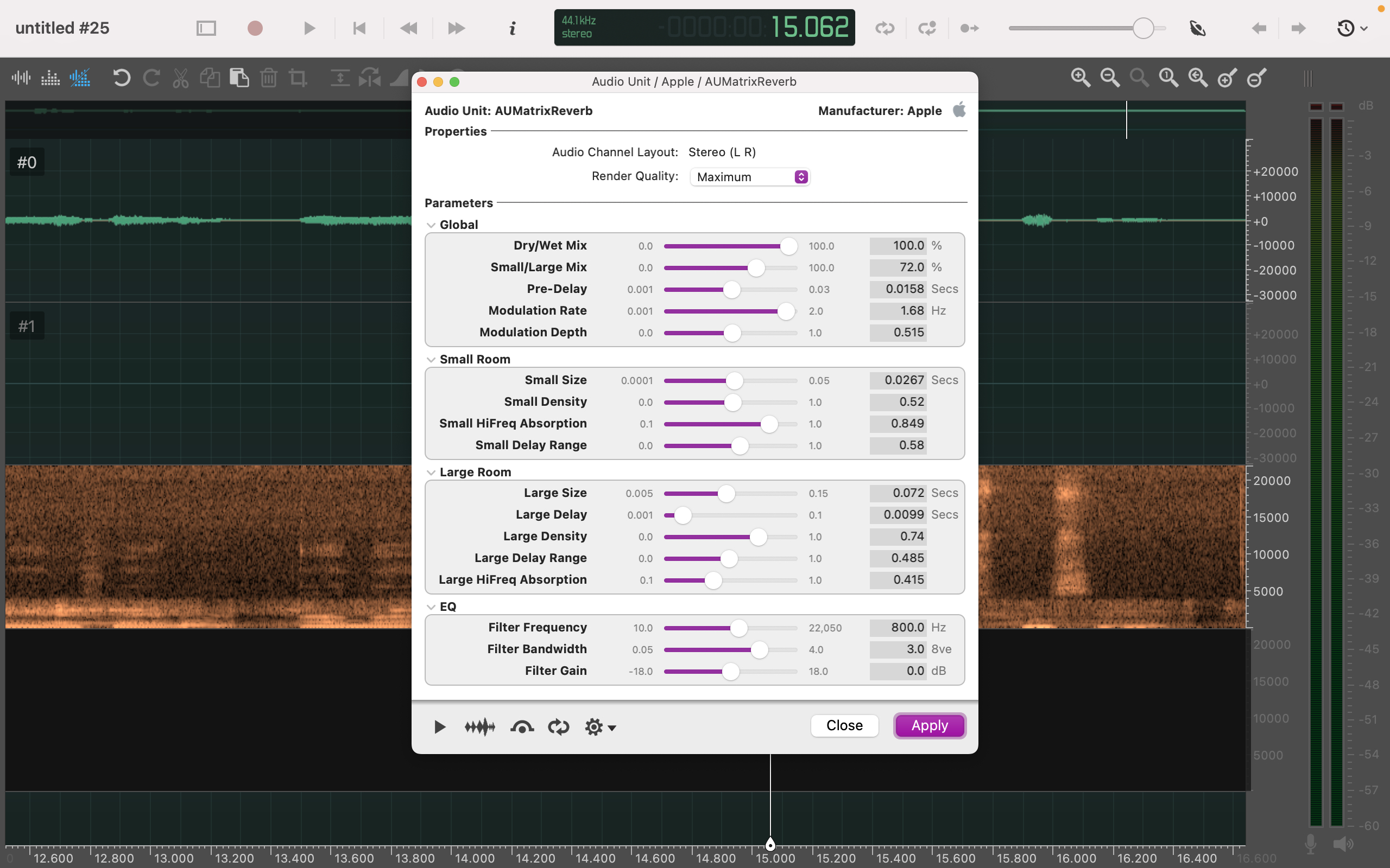 Audio Unit AUMatrixReverb с кнопками Close и Apply в Ocenaudio