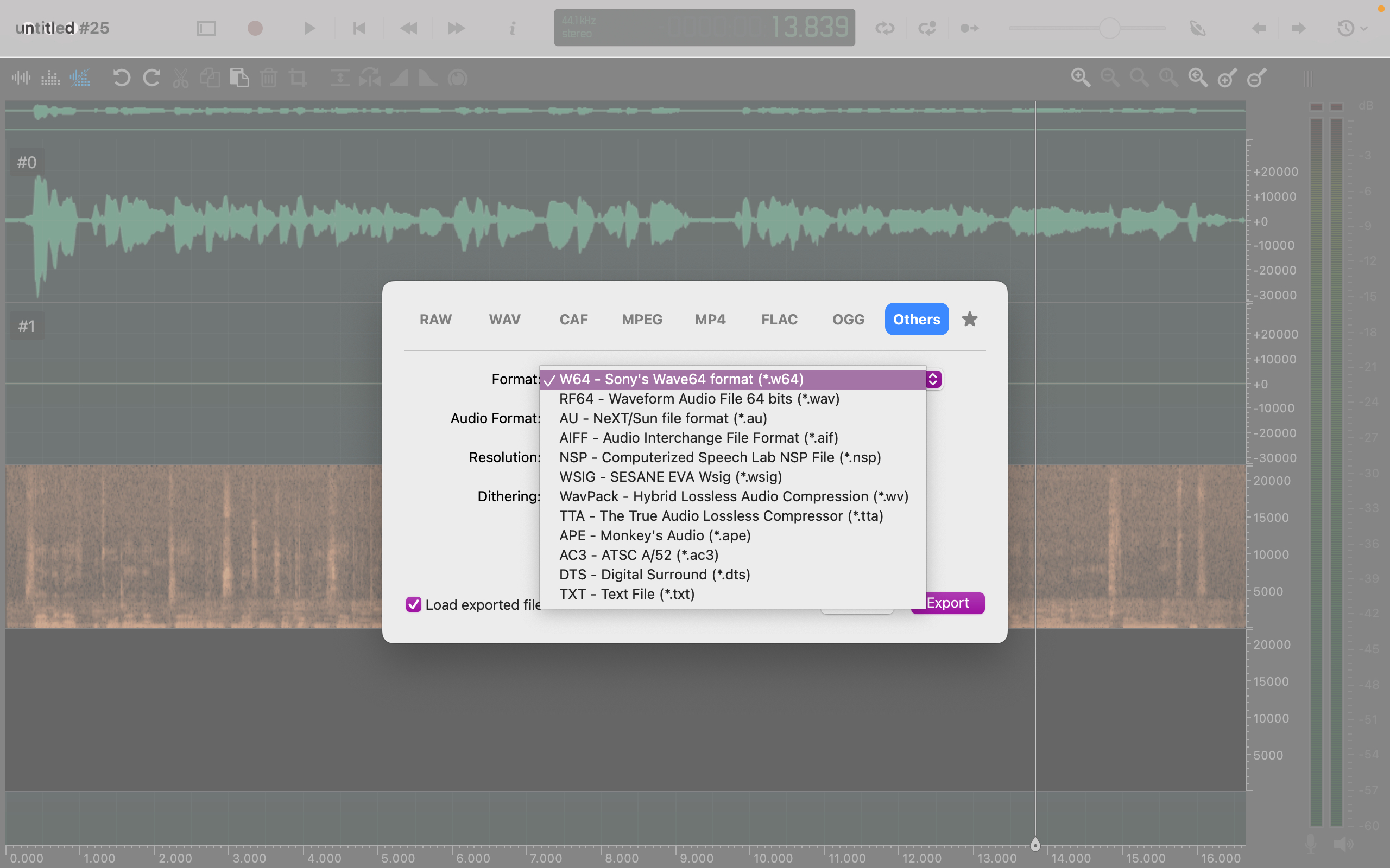 Диалог Export в Ocenaudio с вкладками RAW, WAV, CAF, MPEG, MP4, FLAC, OGG и Others