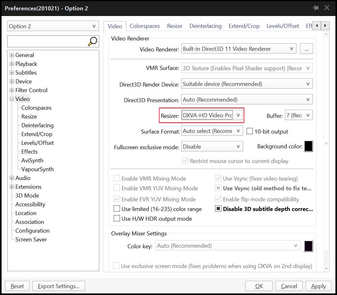 Раздел Video в Preferences PotPlayer с выбранным Built-in Direct3D 11 Video Renderer