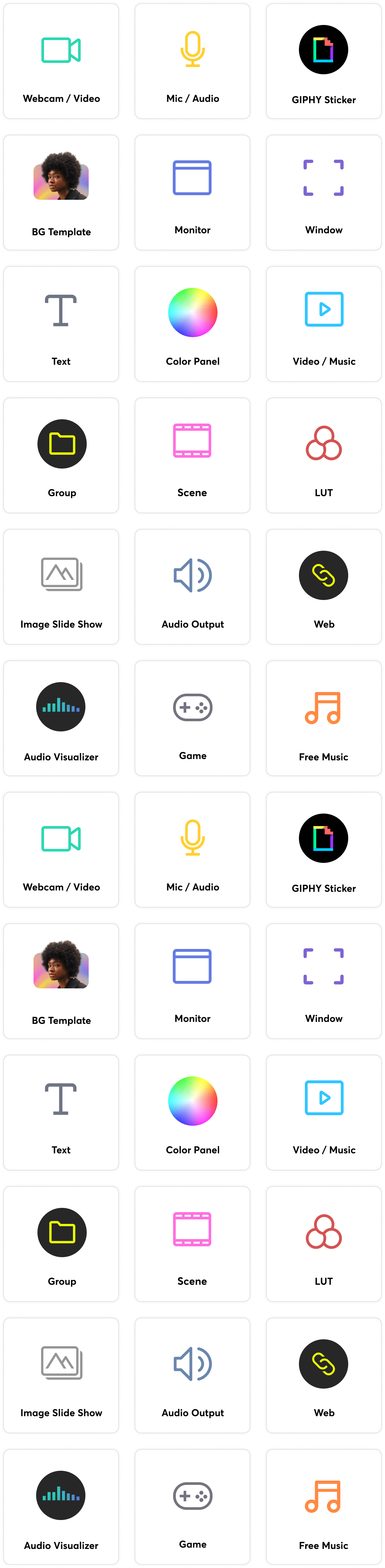 Набор типов источников PRISM Live Studio для камеры, экрана, медиа и виджетов
