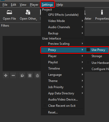 Меню Settings > Proxy в Shotcut с включением Use Proxy и настройками хранения