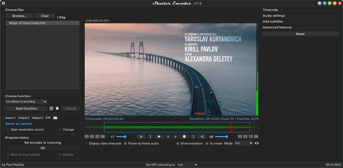 Встроенный видеоплеер Shutter Encoder для выбора границ обрезки