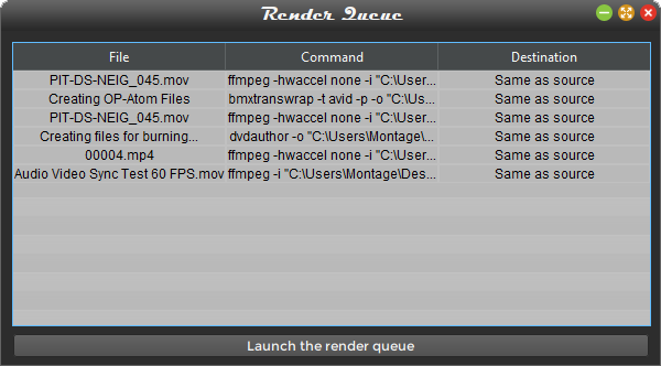 Окно Render queue в Shutter Encoder со списком заданий обработки