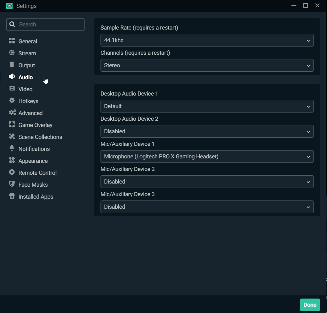 Раздел Audio в настройках Streamlabs Desktop с выбором устройств