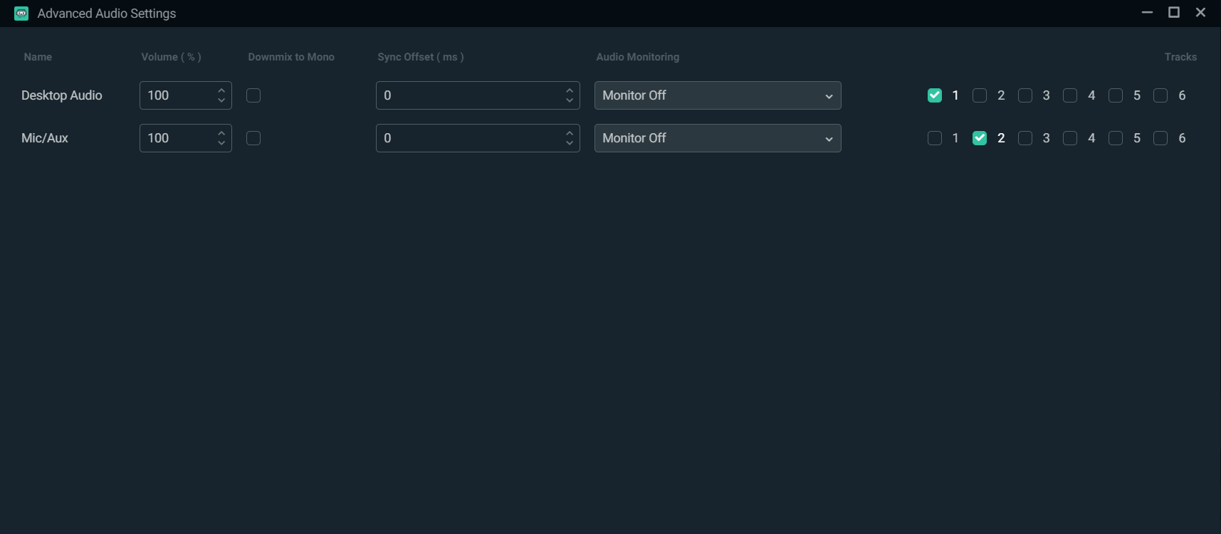 Advanced Audio Settings Streamlabs Desktop с дорожками аудио