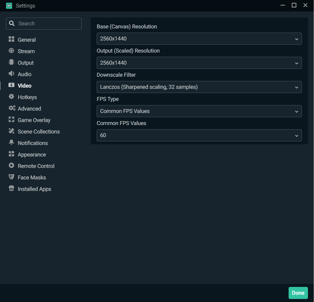 Настройки Video в Streamlabs Desktop с Base Resolution, Output Resolution и FPS