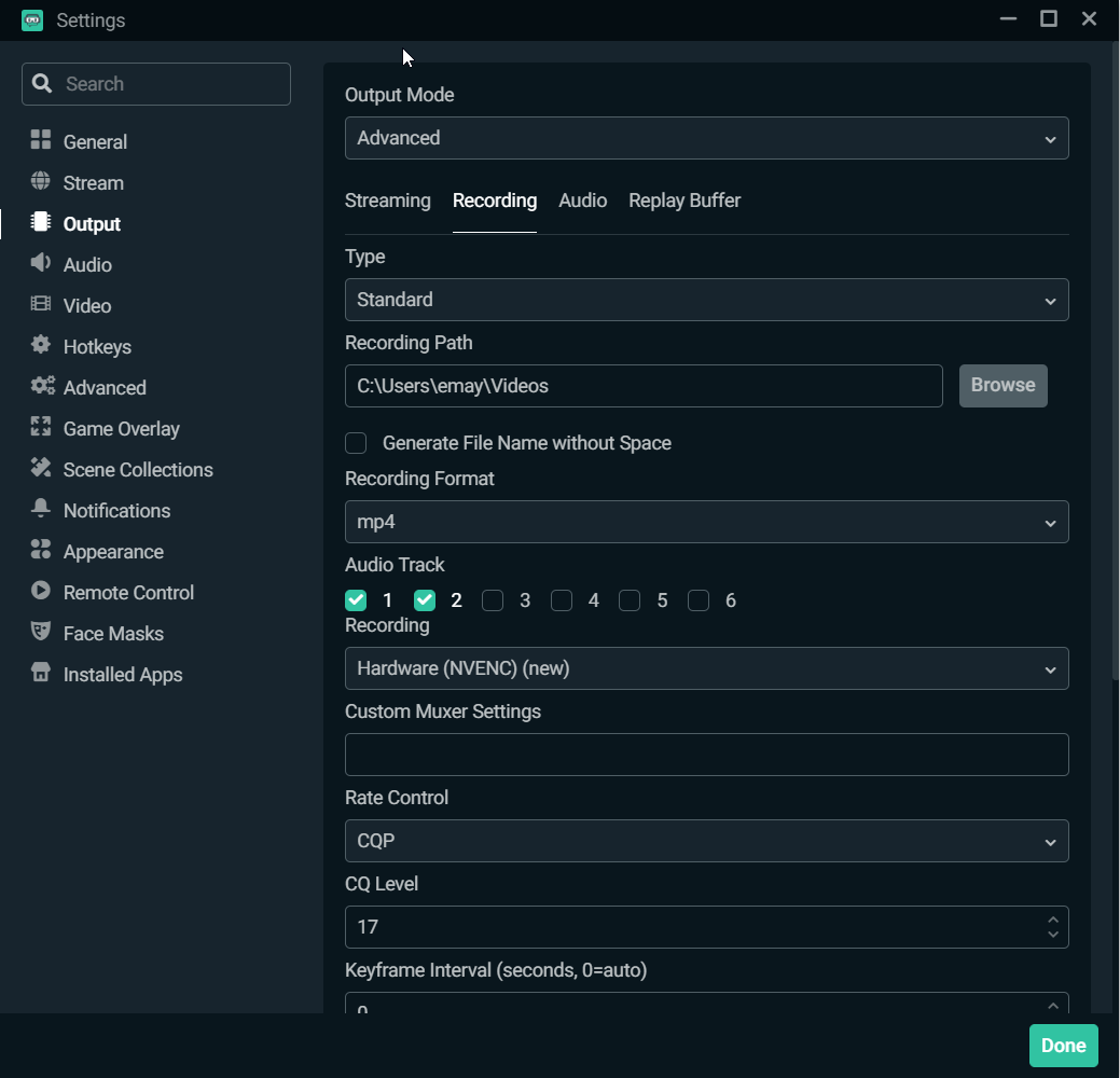 Раздел Output для локальной записи в Streamlabs Desktop