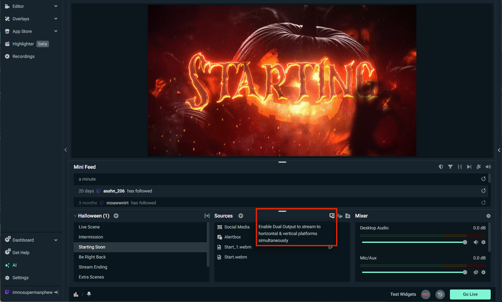 Редактор Streamlabs Desktop с включением Dual Output