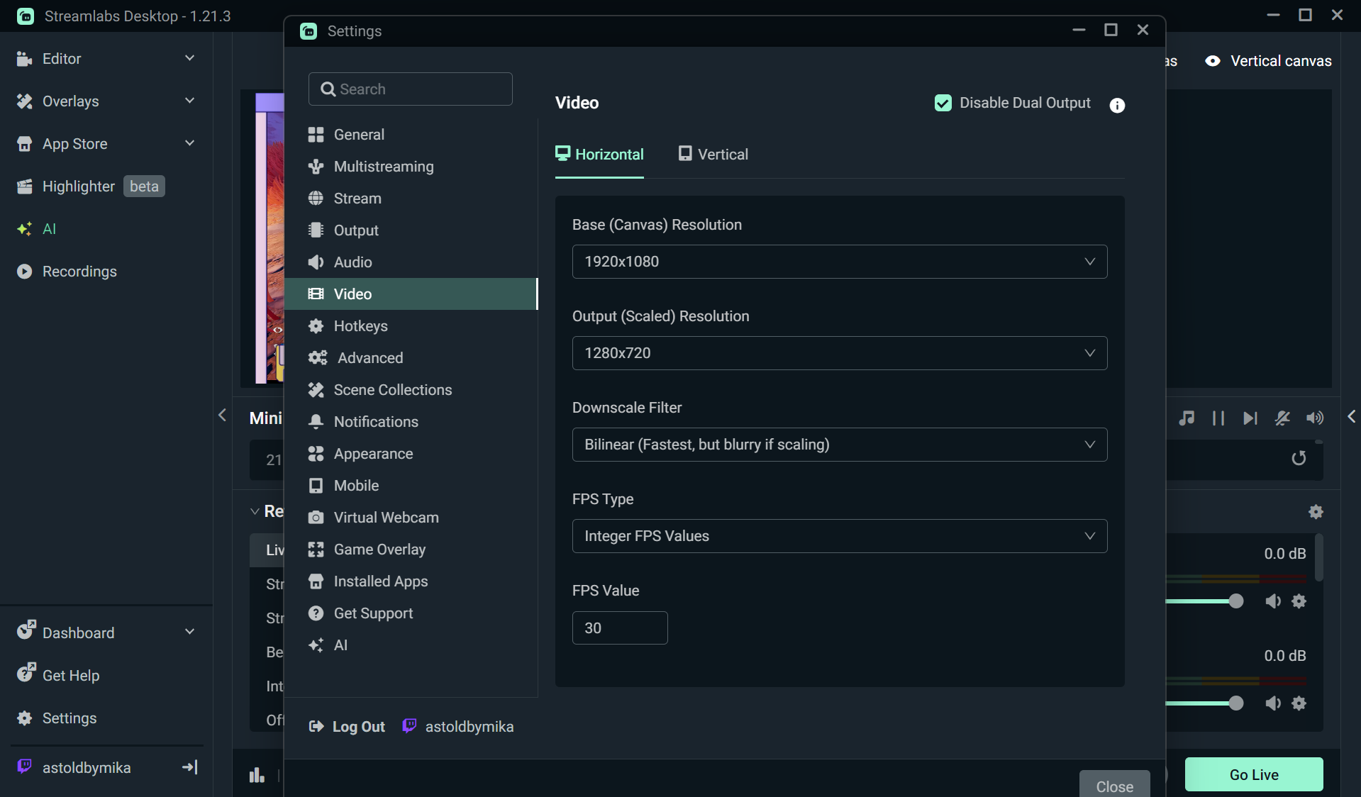 Настройки горизонтального и вертикального холста Dual Output в Streamlabs Desktop