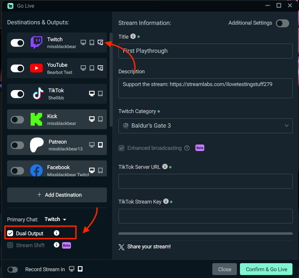Окно Go Live в Streamlabs Desktop с выбором Destinations и Outputs