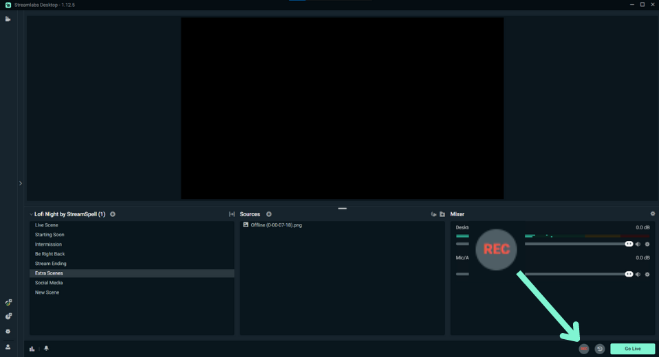 Кнопка REC в нижней части Streamlabs Desktop