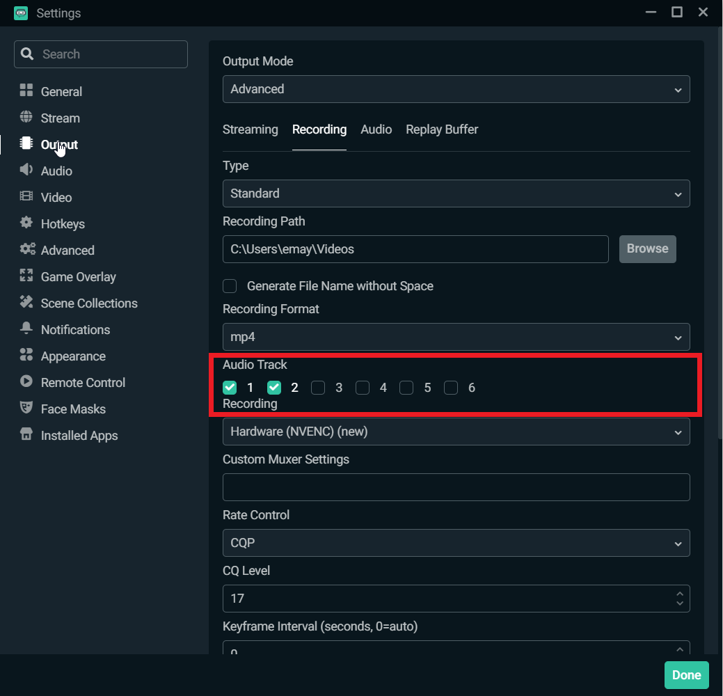 Настройки Output Streamlabs Desktop с выбором аудиодорожек записи