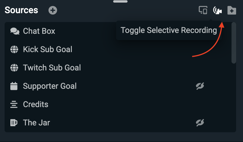 Панель Sources Streamlabs Desktop с включённым Selective Recording