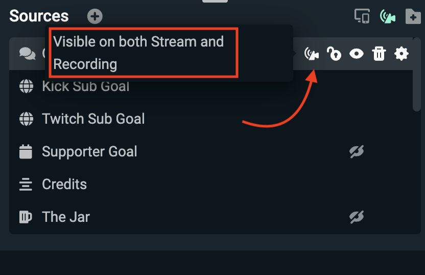 Контекстное меню источника Streamlabs Desktop с командами Hide on Stream и Hide on Recording