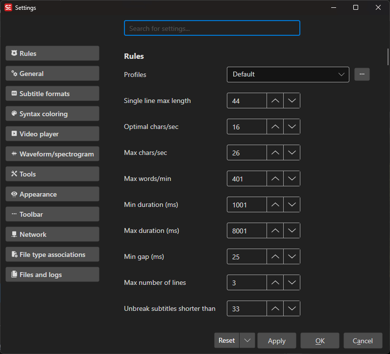 Окно Settings в Subtitle Edit 5 с разделами Rules, General, Subtitle formats, Video player, Waveform, Network и Files and logs