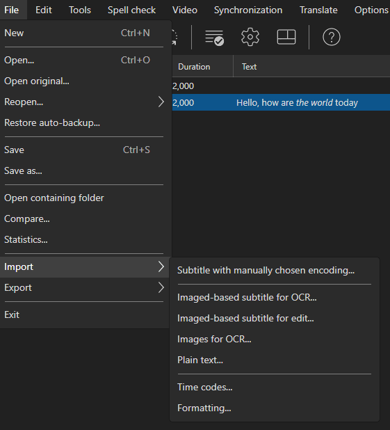 Меню File в Subtitle Edit 5 с командами New, Open, Restore auto-backup, Save, Save as, Import и Export