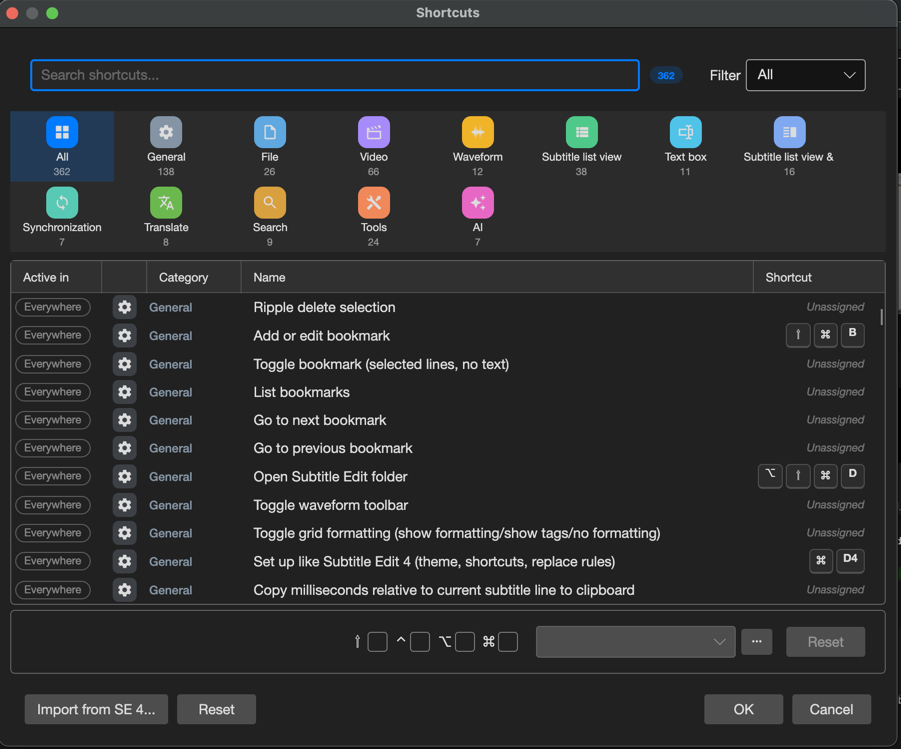 Окно Shortcuts Subtitle Edit 5 с категориями команд и назначениями клавиш