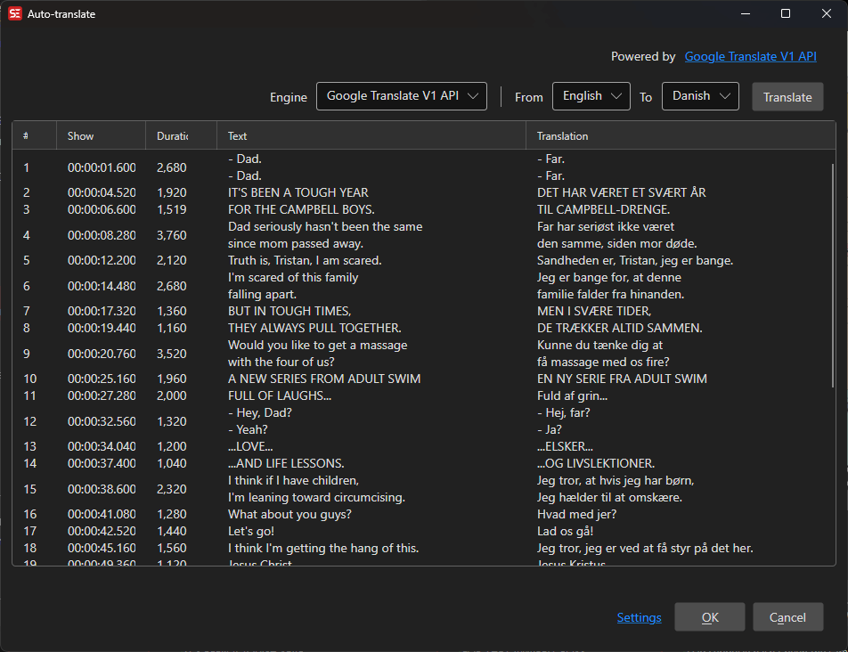 Окно Auto-translate Subtitle Edit 5 со списком исходных реплик, переводом, выбором Engine, From и To