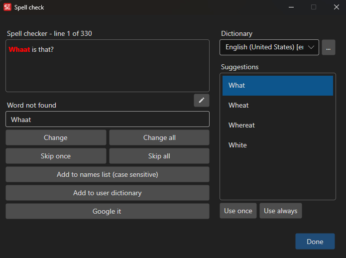 Окно Spell check Subtitle Edit 5 с неизвестным словом, предложениями словаря и командами Change, Skip и Add to user dictionary