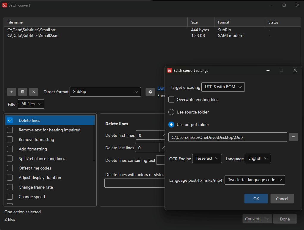 Окно Batch convert Subtitle Edit 5 с очередью файлов, Target format, списком операций и настройками output folder