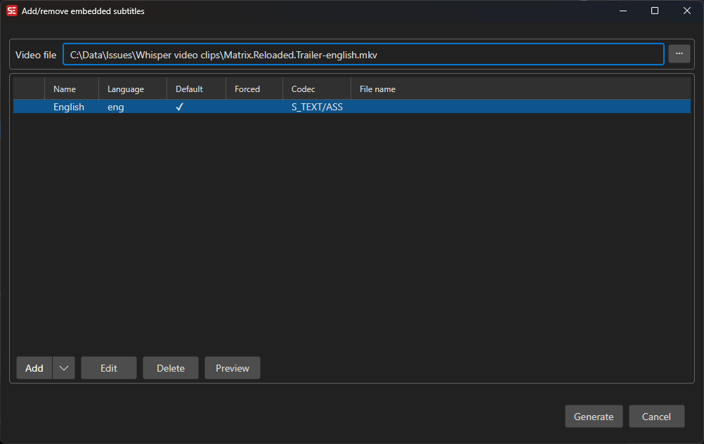 Окно Add/remove embedded subtitles Subtitle Edit 5 со списком дорожек, языком, флагами Default и Forced и кнопкой Generate