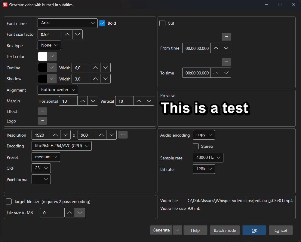 Окно Generate video with burned-in subtitles Subtitle Edit 5 с настройками шрифта, outline, alignment, H.264 encoding, CRF и аудио